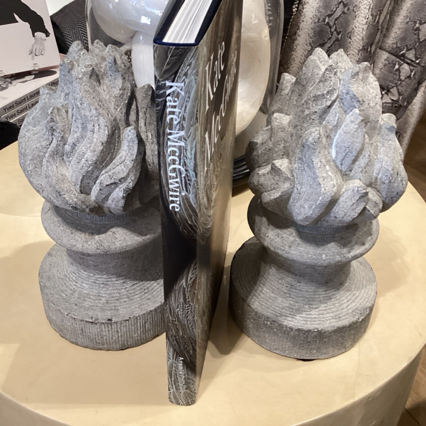 PAIR STONE FLAME BOOKENDS