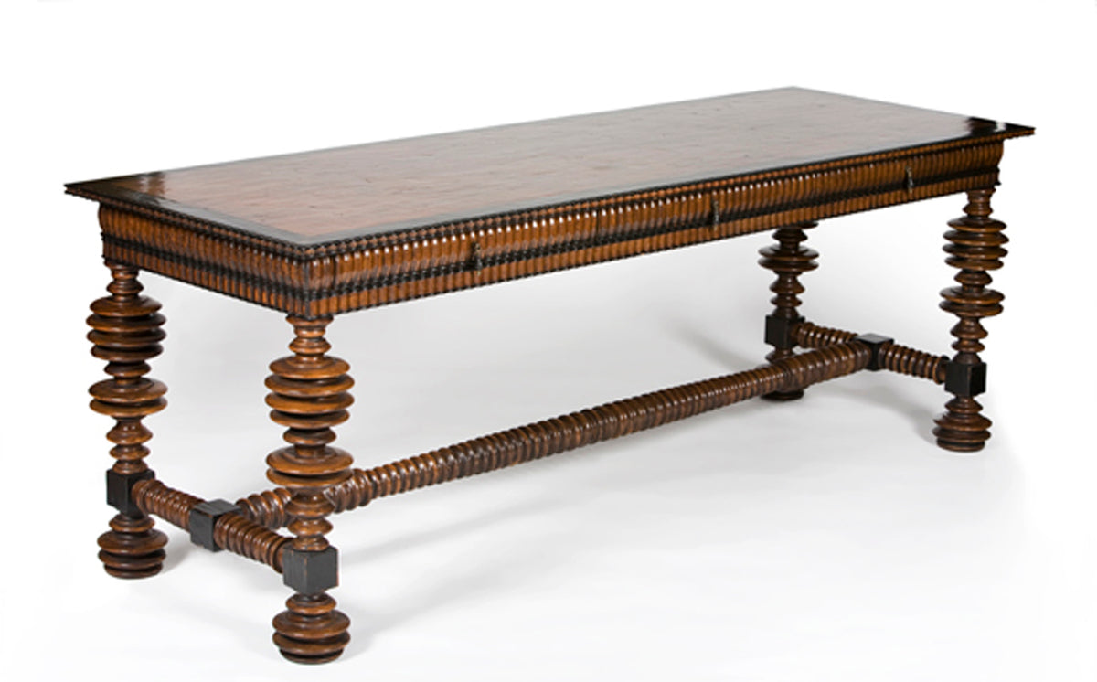 Martyn Lawrence Bullard Portuguese library table, hand carved alder with walnut finish and turned disc legs